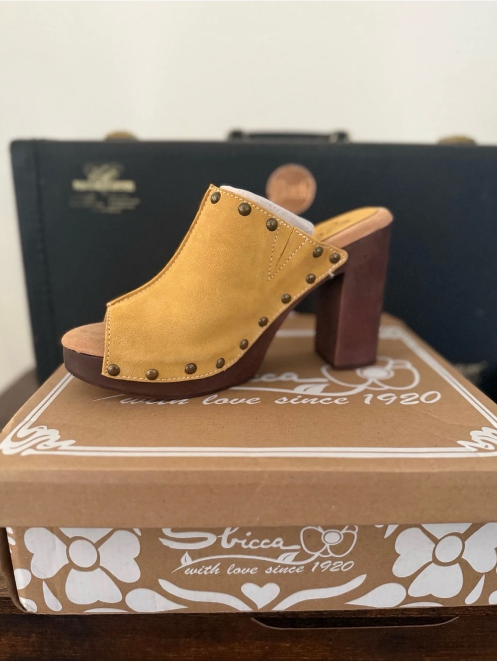 Sbicca Mustard Yellow Studded Suede Mules with Brown Block Heel